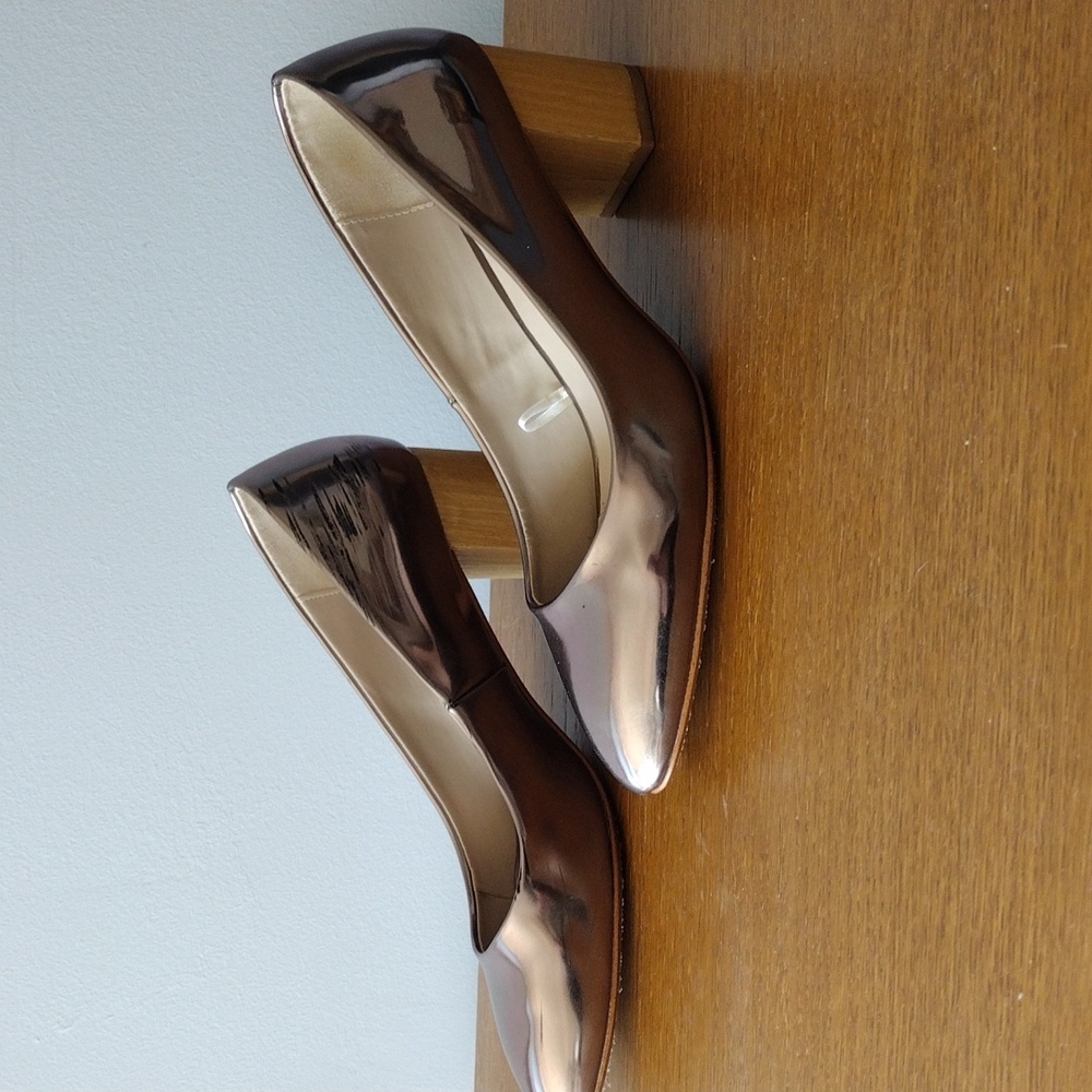 Zara Rose Gold Metallic Block Heel Pumps Square Toe Size 40 US 9 Wedding - Picture 5 of 11